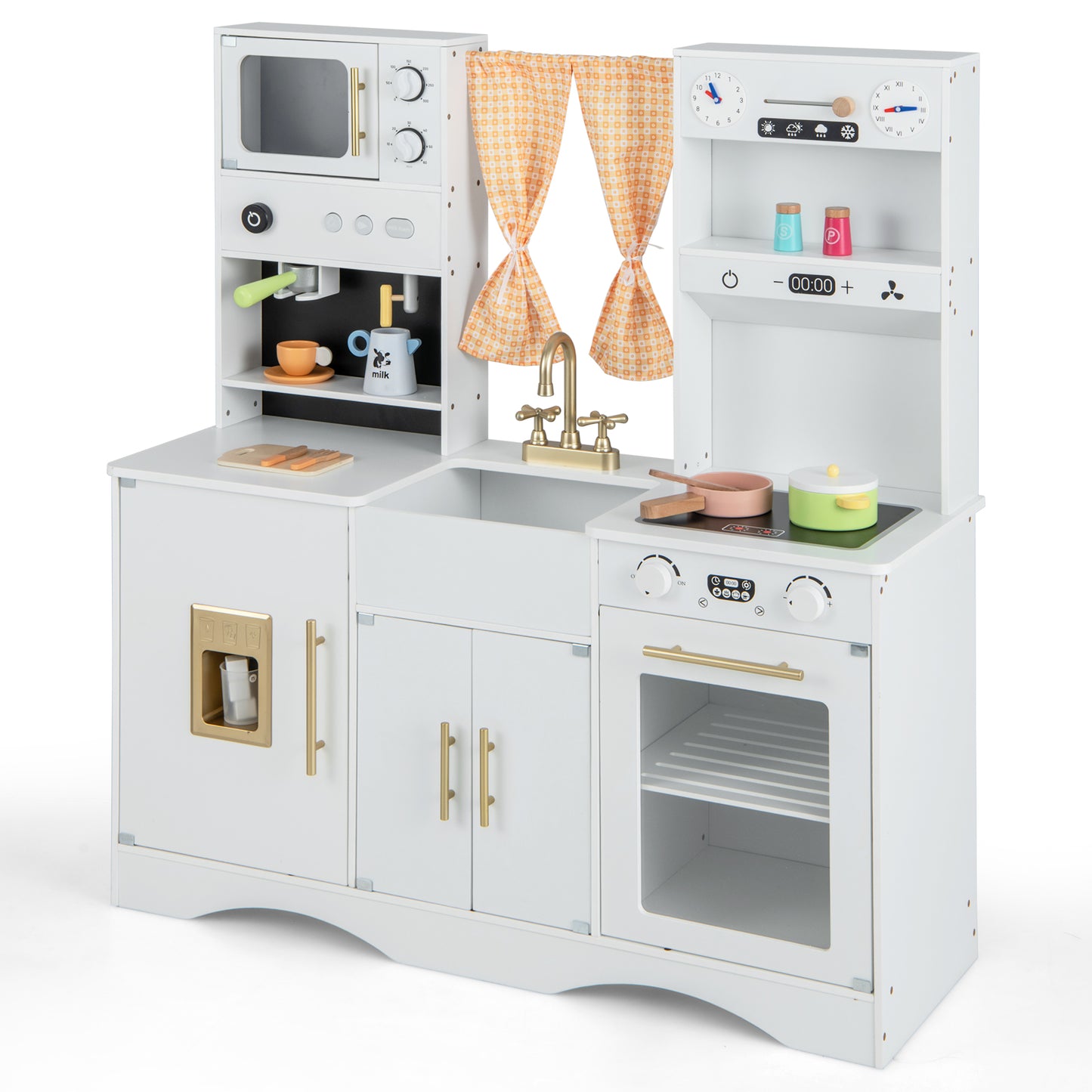 Kids Play Kitchen Wooden with Microwave and Ice Maker with Sounds-White
