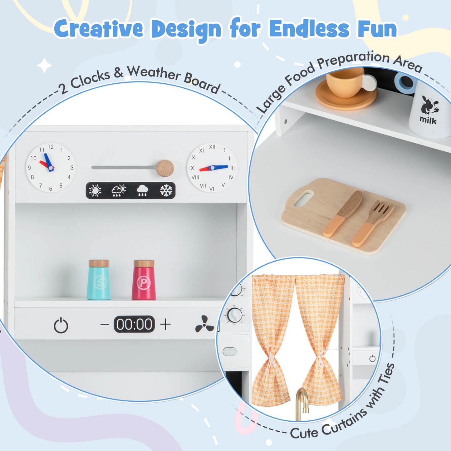 Kids Play Kitchen Wooden with Microwave and Ice Maker with Sounds-White