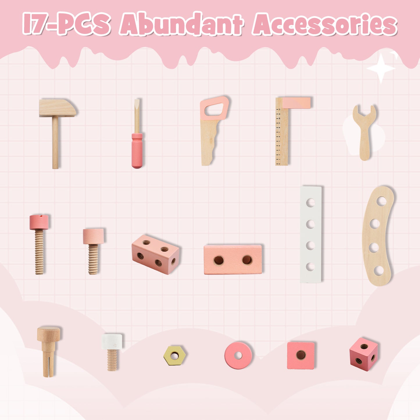 Kids Wooden Play Workbench with Blackboard and Tool Parts Set-Pink