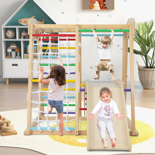 6-in-1 Indoor Jungle Gym Kids Wooden Playground Climber Playset-Natural