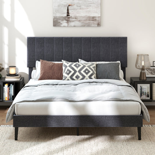 King/Double Size Linen Fabric Bed Frame with Height Adjustable Headboard-Grey-King Size