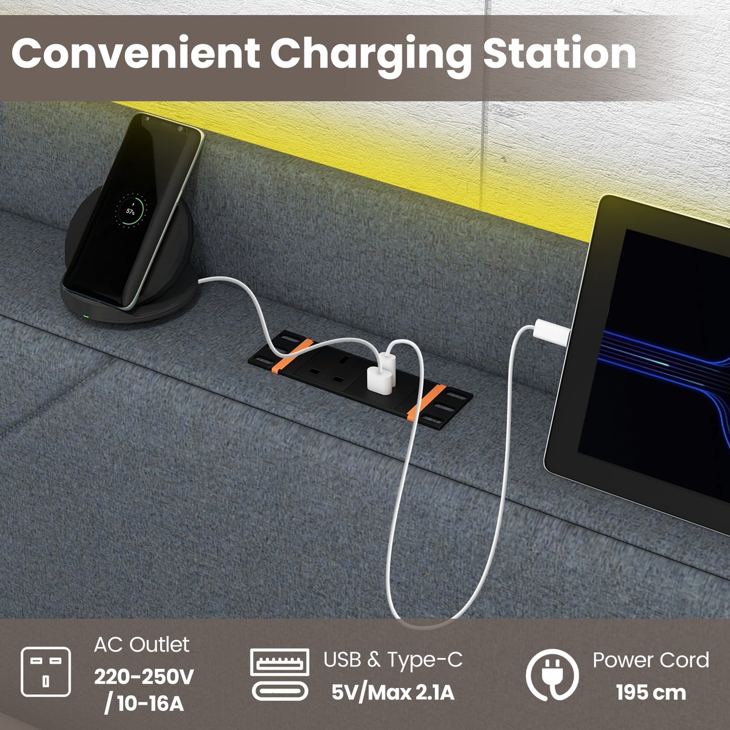 Double/King Size Bed Frame with LED Lights and Charging Station-Double Size