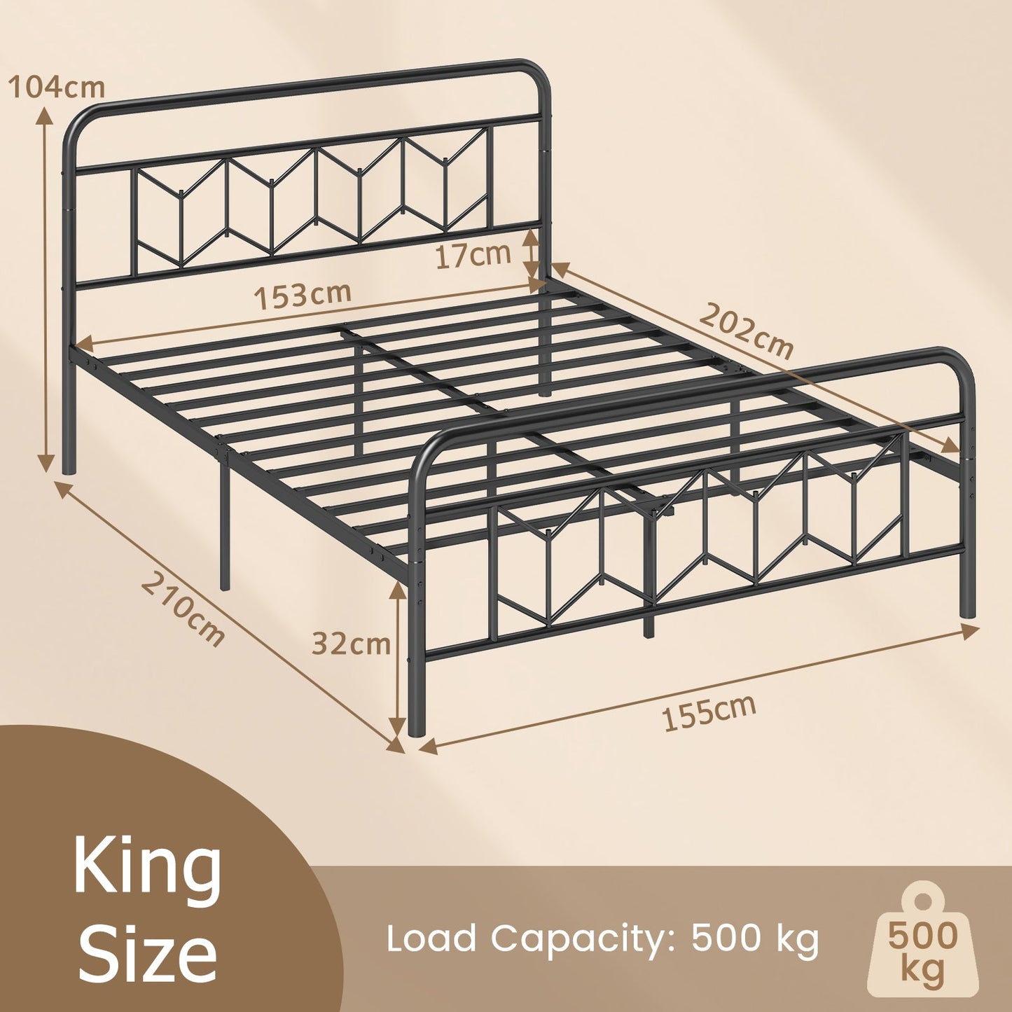Single/Double/King Size Metal Bed Frame with High Headboard and Mute Bar-Black-King Size