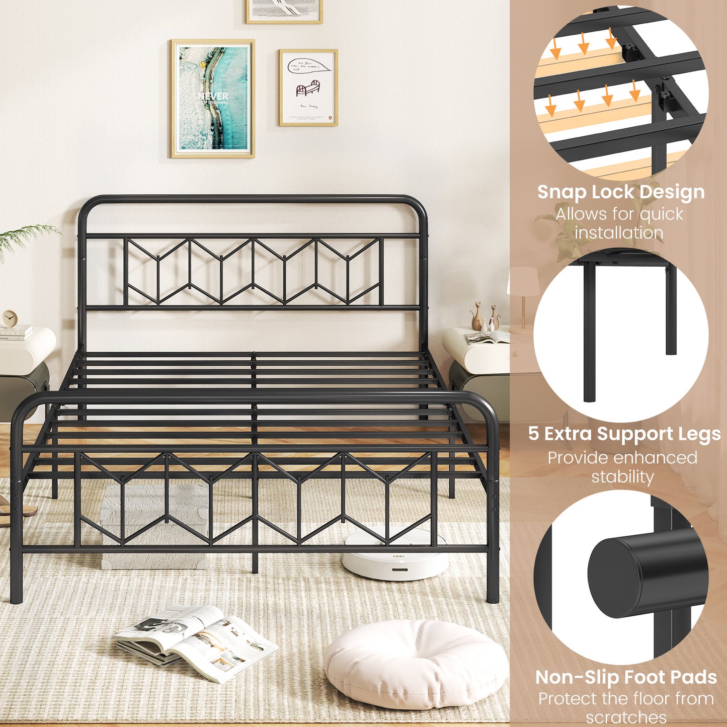 Single/Double/King Size Metal Bed Frame with High Headboard and Mute Bar-Black-King Size