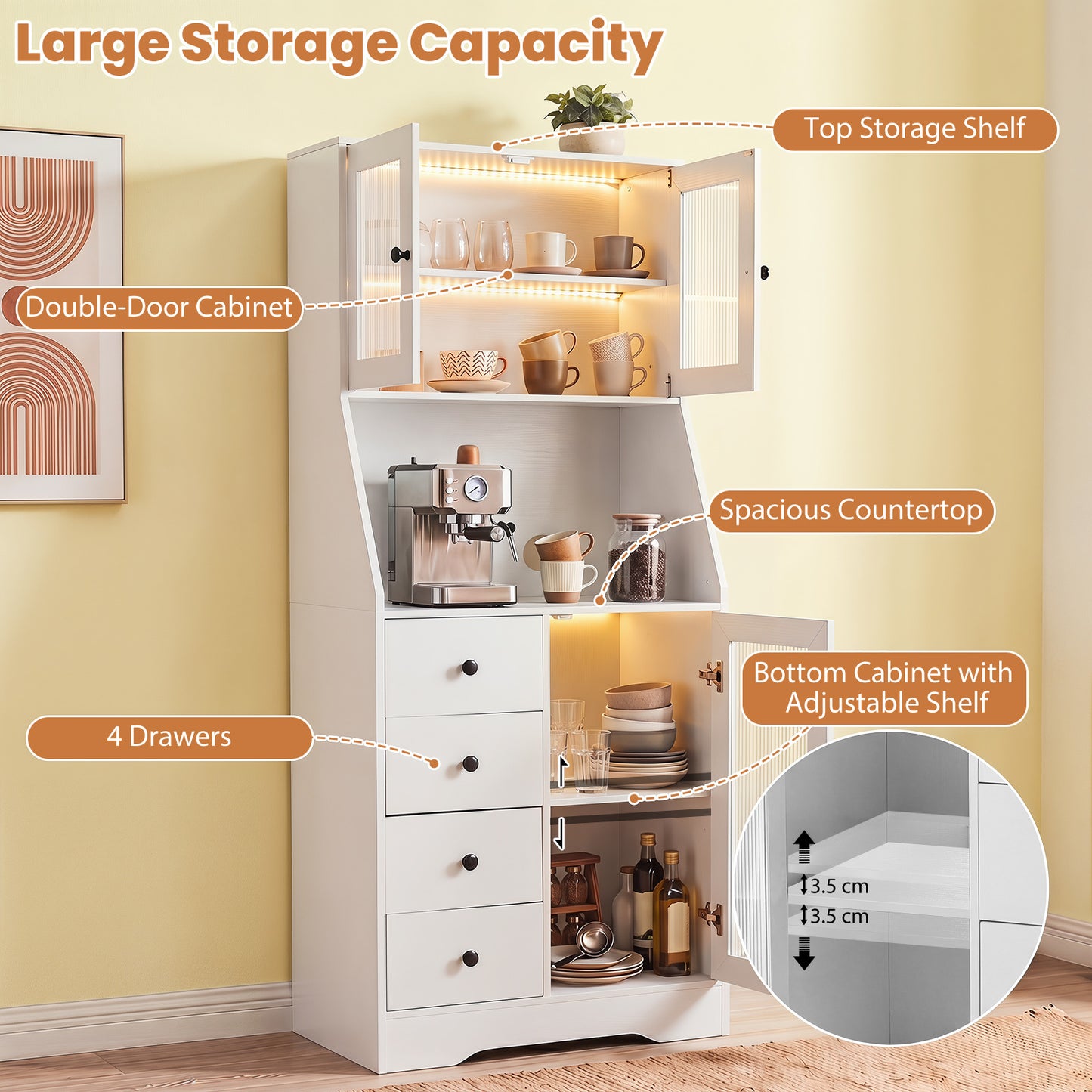 Kitchen Pantry Cabinet with Adjustable LED Lights and Doors-White