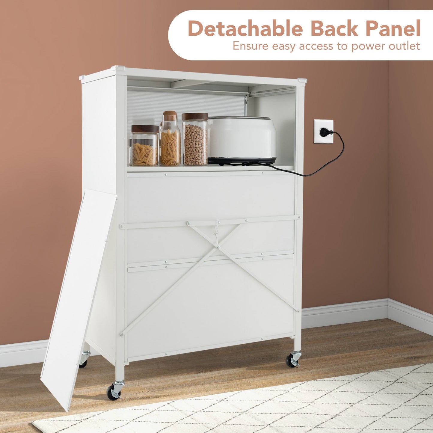 4-Tier Kitchen Bakers Rack with Flip Doors on Lockable Universal Wheels-White