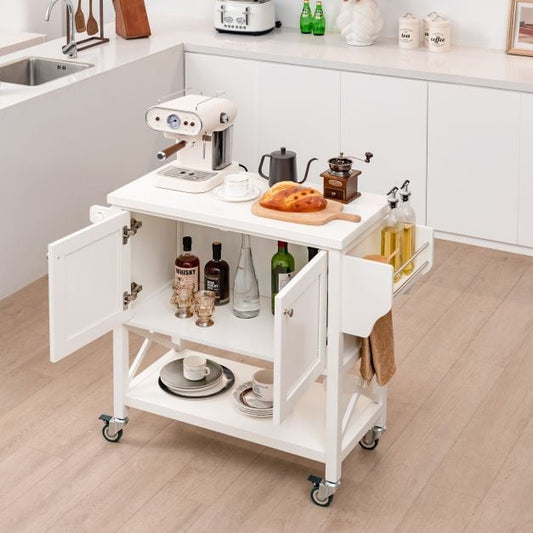 Kitchen Cart with Storage Cabinet with Towel Rack and Spice Rack-White
