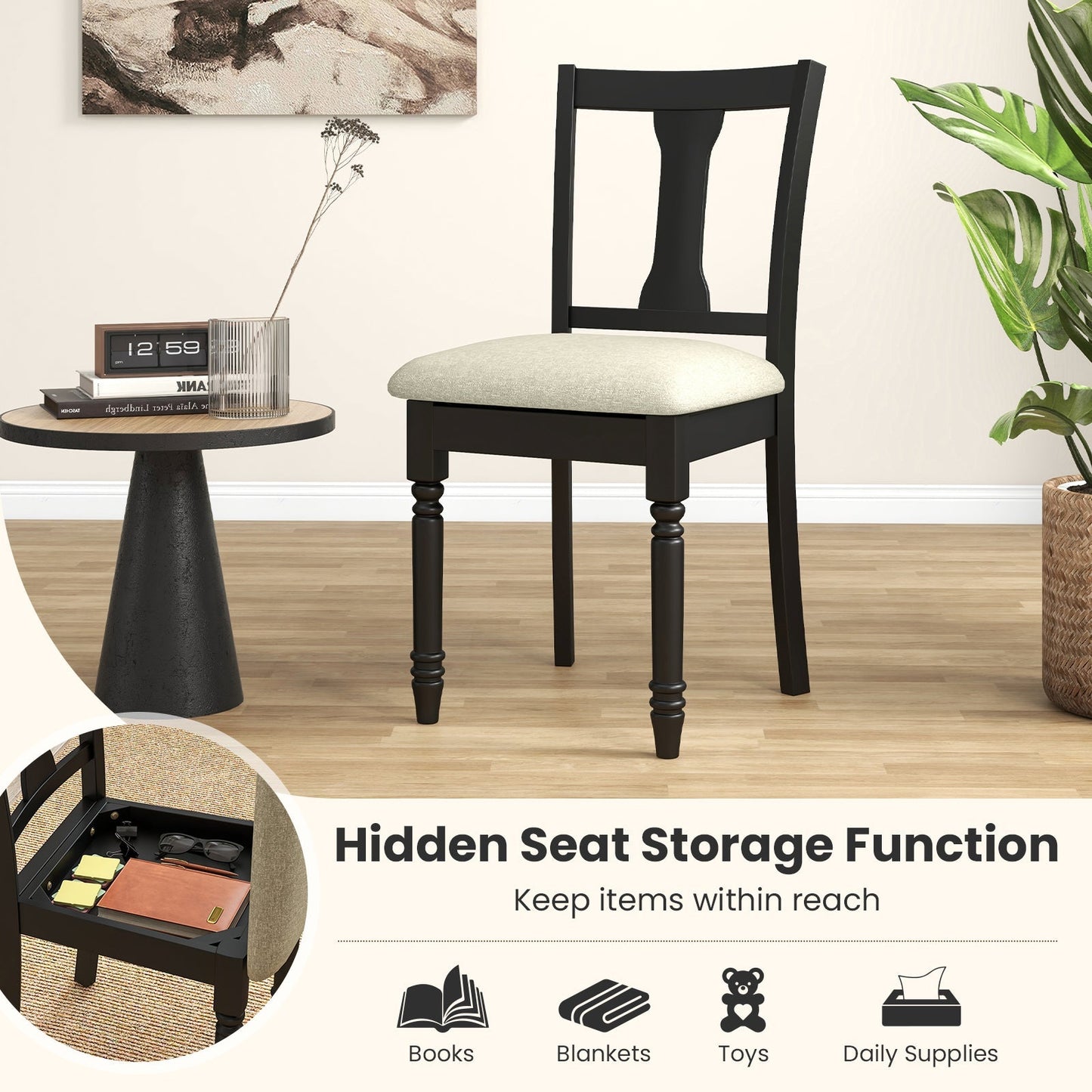 Kitchen Dining Chair with Linen Fabric Storage Space-Black