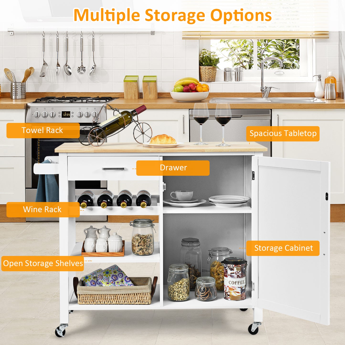 Rolling Kitchen Island Cart with Wine Rack and Adjustable Shelf-White