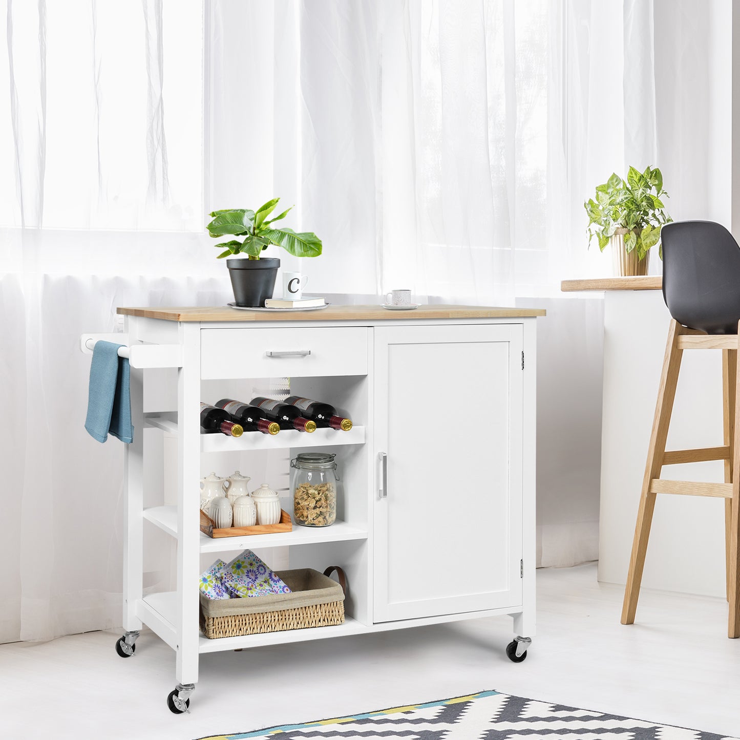 Rolling Kitchen Island Cart with Wine Rack and Adjustable Shelf-White