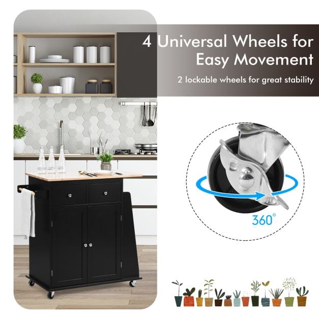 Rubber Wood Countertop Rolling Kitchen Island Cart-Black