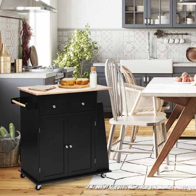 Rubber Wood Countertop Rolling Kitchen Island Cart-Black