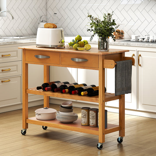 Kitchen Island with Storage 3-Tier Rolling Utility Cart with Wood Countertop-Natural