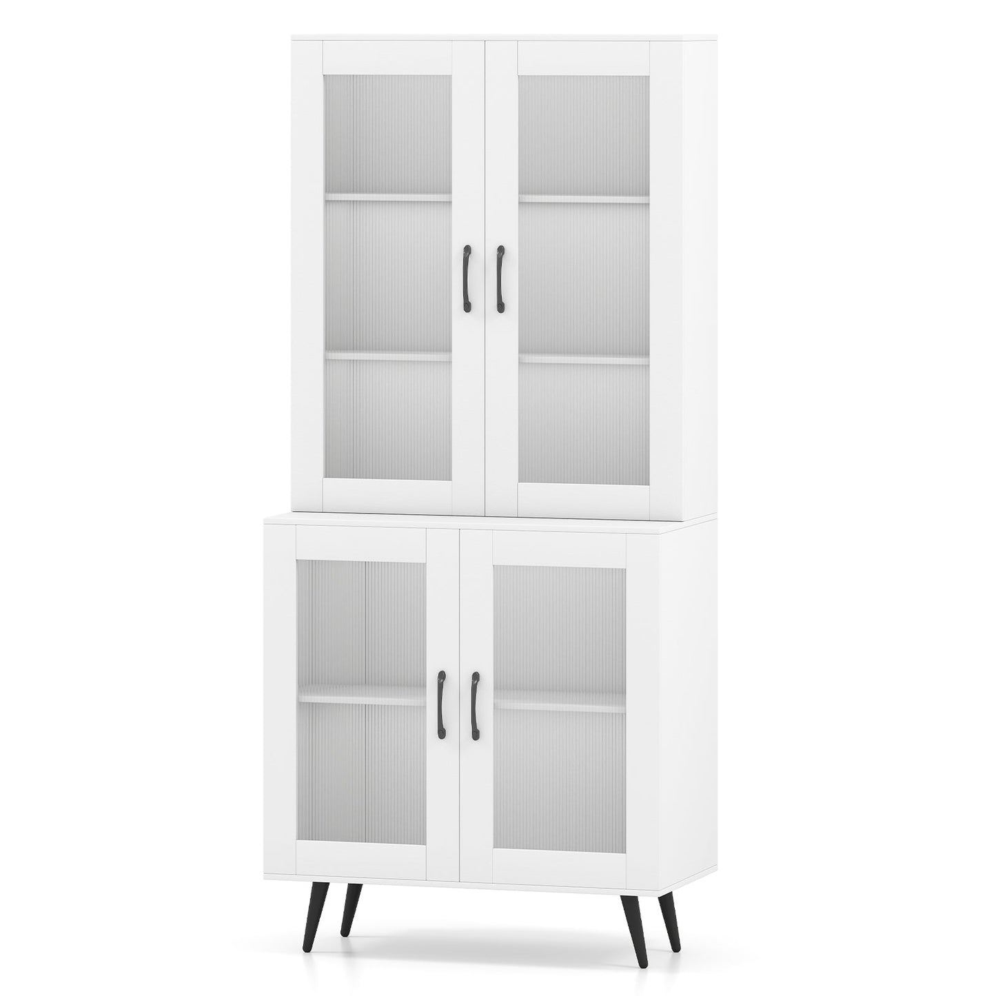 Kitchen Pantry Cabinet with Transparent Doors and Metal Legs-White