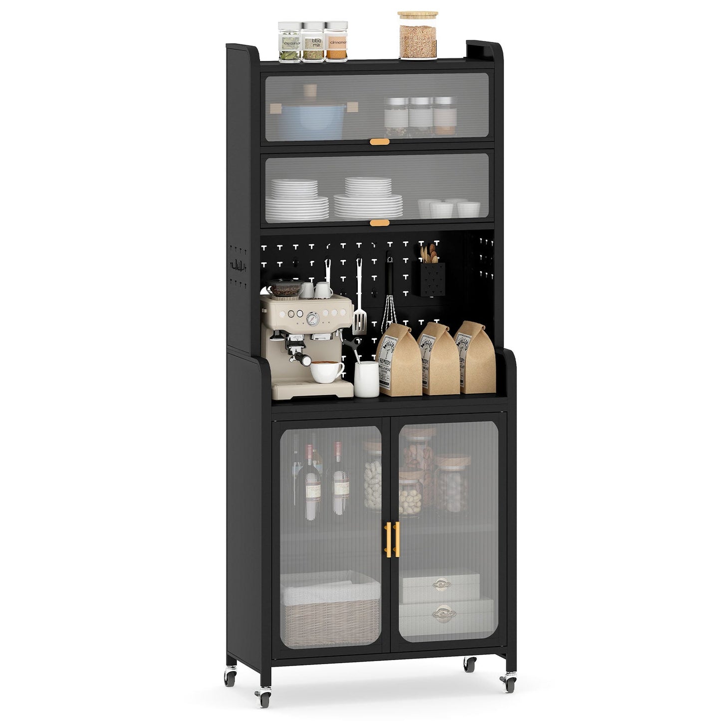 Kitchen Pantry Storage Cabinet with Large Countertop-Black