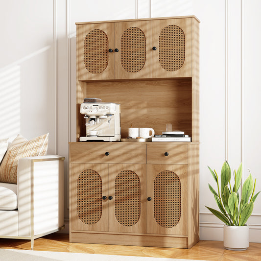 Kitchen Storage Cabinet with Charging Station and 6 Rattan Doors-Natural
