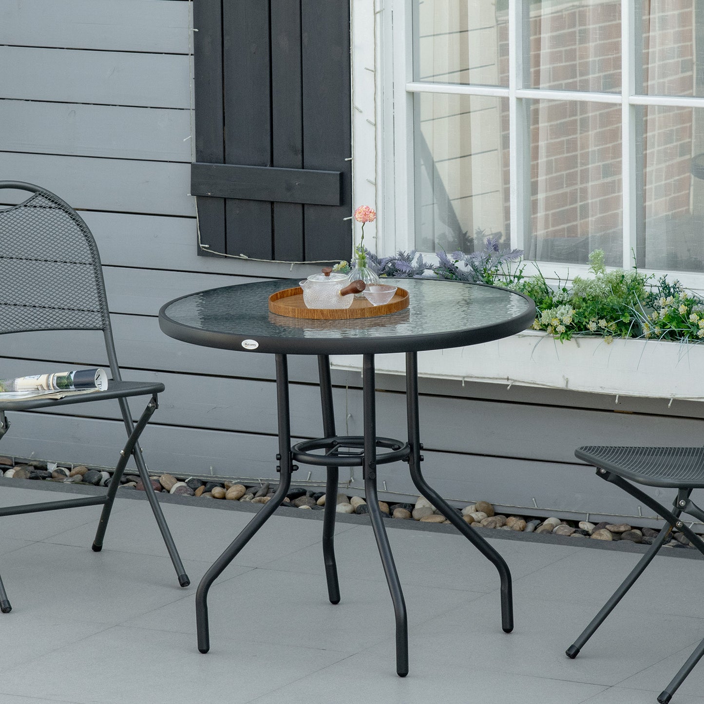 Outsunny Outdoor √è‚Ć80cm okrągły stół jadalny ze szklanym blatem hartowanym, stalową ramą, stolik kawowy Bistro, boczny stolik ogrodowy z otworem na parasol