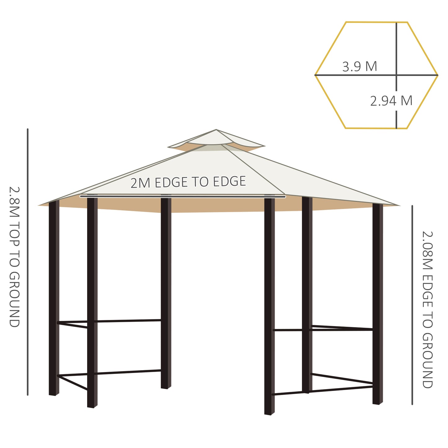 Outsunny 3 x 3(m) Hexagon Gazebo Patio Canopy Party Tent Outdoor Garden Shelter w/ 2 Tier Roof & Side Panel - Beige