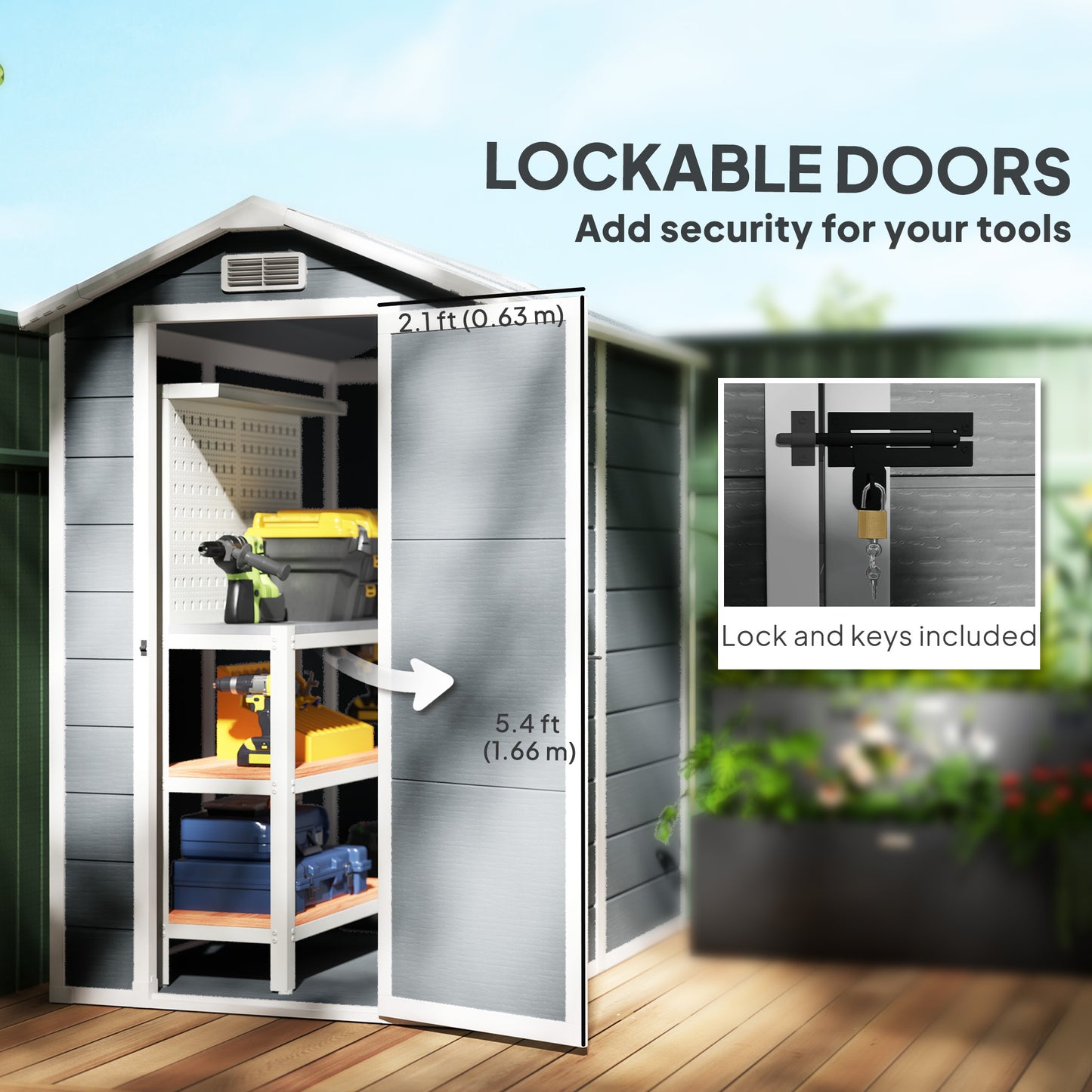 Outsunny 4 x 6ft Garden Shed, plastikowa szopa z podłogą, oknem, zamykanymi drzwiami i otworami wentylacyjnymi, żywiczna szopa na narzędzia do przechowywania na patio, zerowa konserwacja, szara