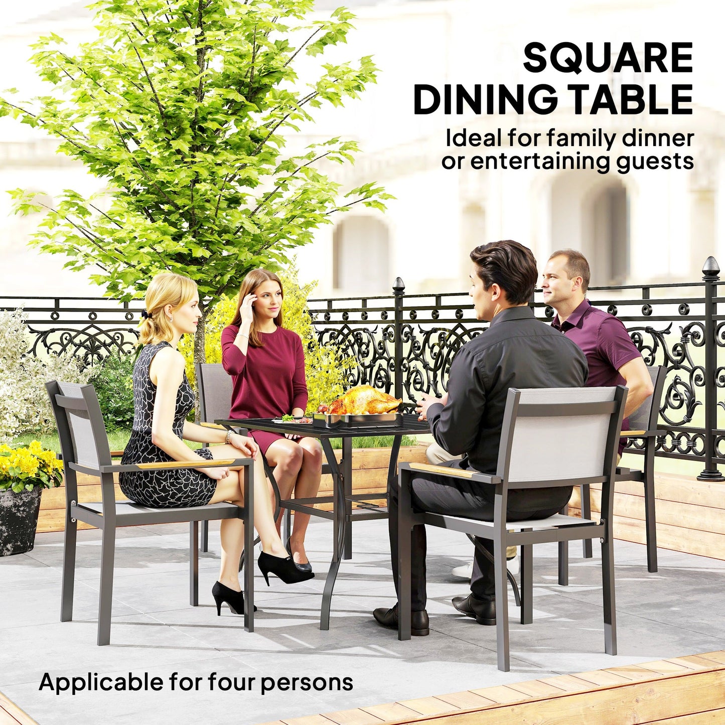Outsunny 94 x 94 cm Garden Table with Parasol Hole, Outdoor Dining Garden Table for Four with Slatted Metal Plate Top, Black