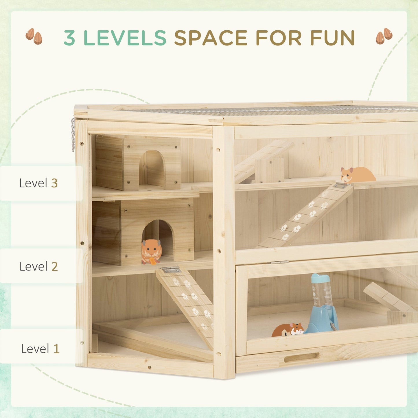 PawHut 3 Tier Wooden Large Hamster Cage with Sliding Tray, Seesaws, Water Bottle, Natural
