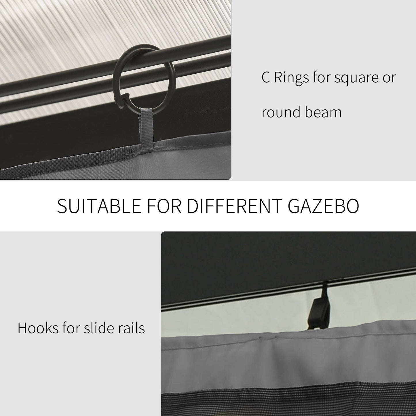 Outsunny Replacement Gazebo Curtains, 4-Panel Gazebo Side Panels Only, for 3 x 3 (M) Gazebos or Pergolas, Hooks/C-Rings Included, Light Grey