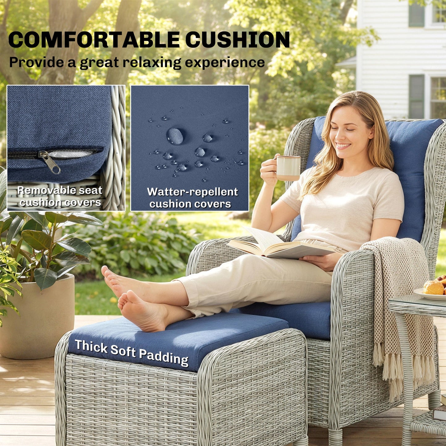 Outsunny 5 Piece Garden Furniture Set, Rattan Reclining Garden Chair Set of 2 with Footstool and Cushion for Balcony, Dark Blue