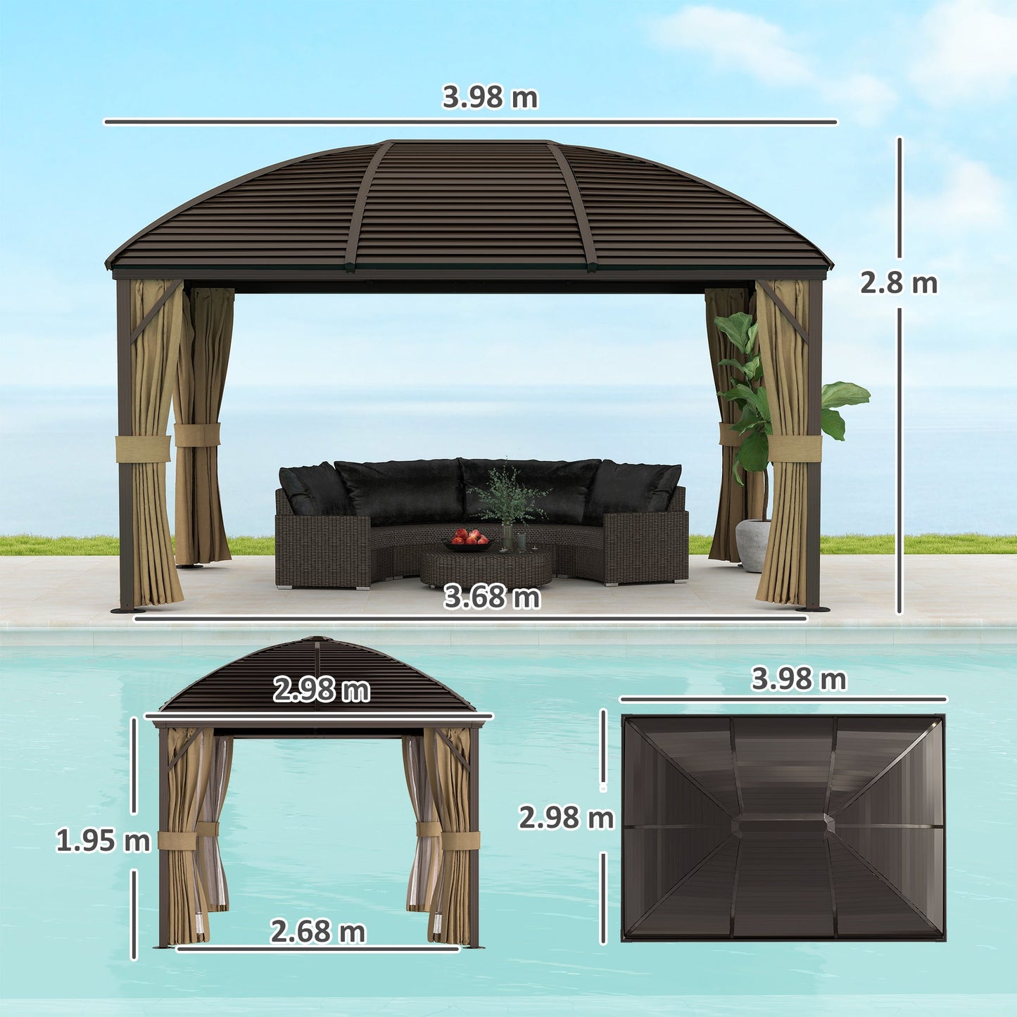 Altana Outsunny 3 x 4 m Hardtop z metalowym dachem, aluminiowa, stała altana z siatką i zasłonami, brązowa