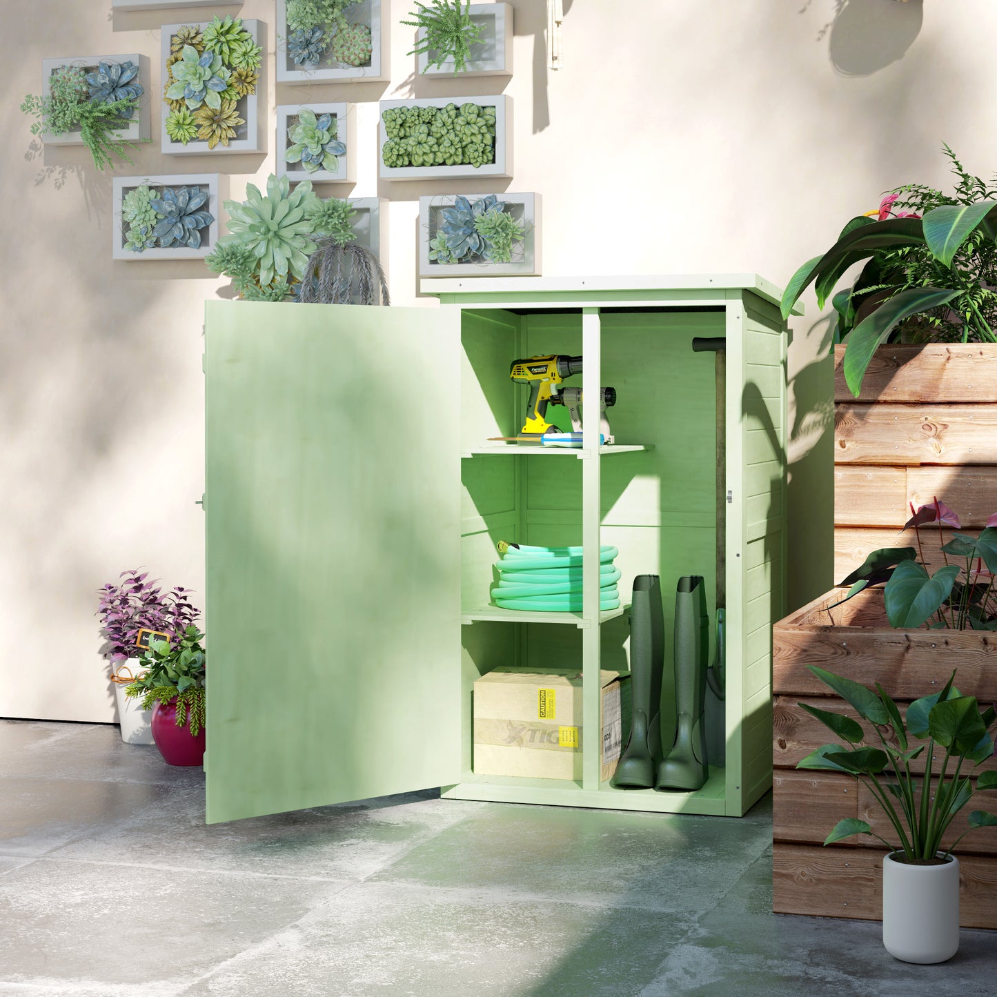 Outsunny Drewniany mały domek, ogrodowy domek do przechowywania z półkami i ryglem, 75L x 56W x 115H cm, zielony