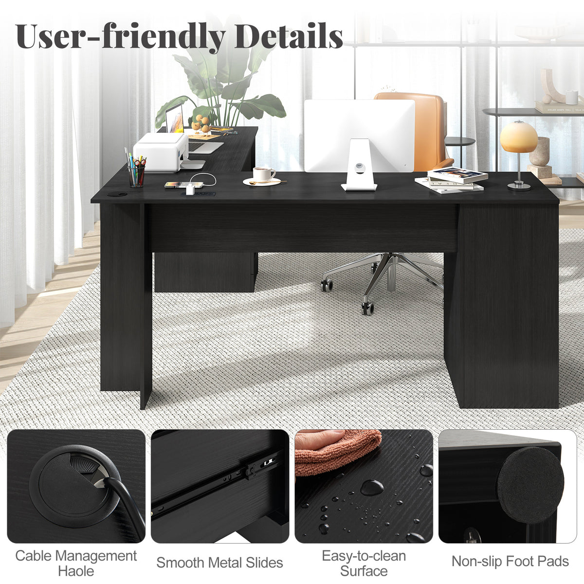 L-Shaped Computer Desk with Built-in Charging Station and Keyboard Tray Drawer-Black