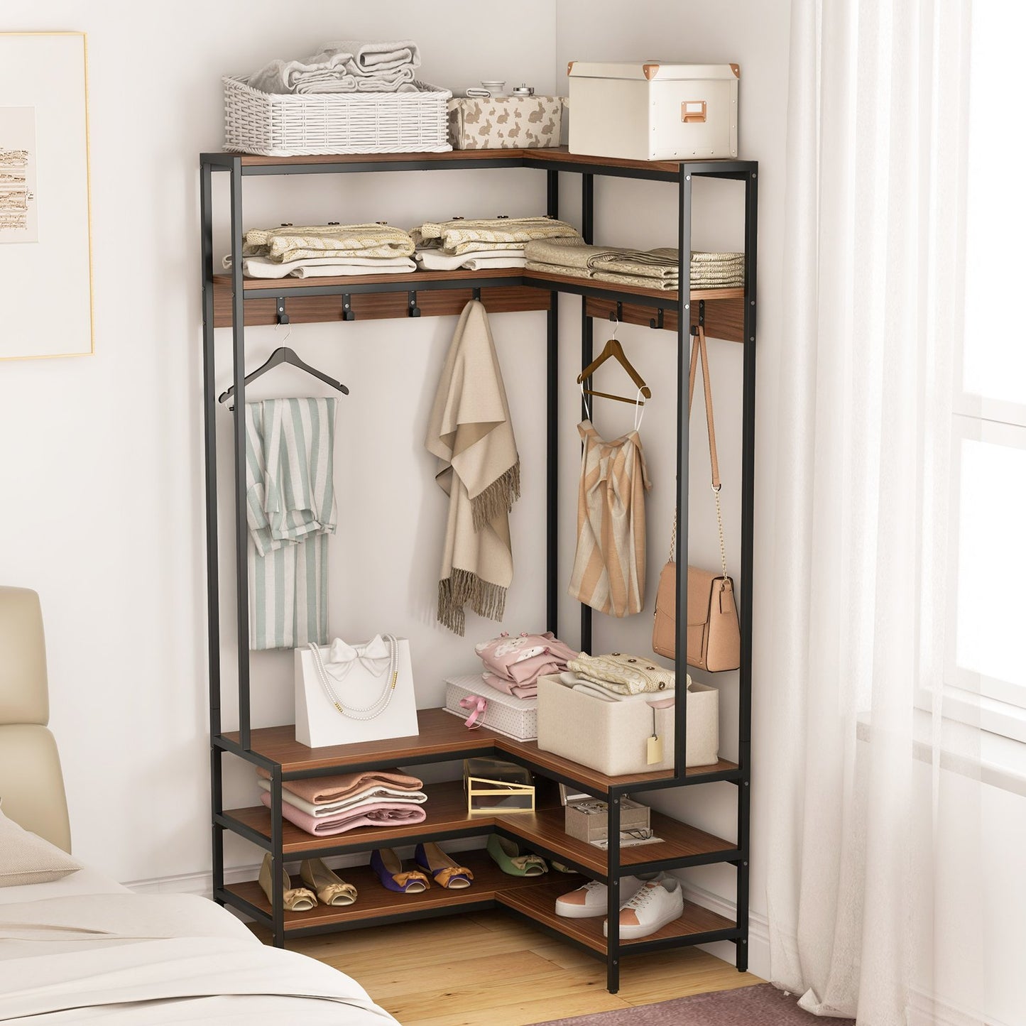 L-shaped Clothes Corner Garment Rack with Open Shelves and 7 Hooks-Walnut
