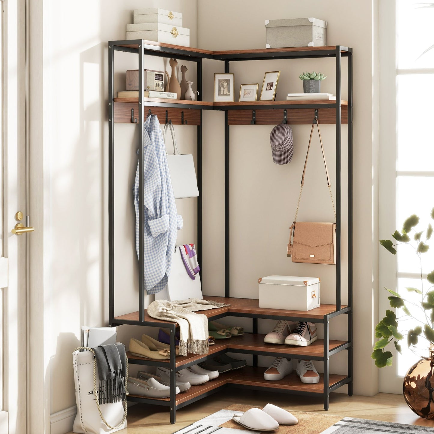 L-shaped Clothes Corner Garment Rack with Open Shelves and 7 Hooks-Walnut