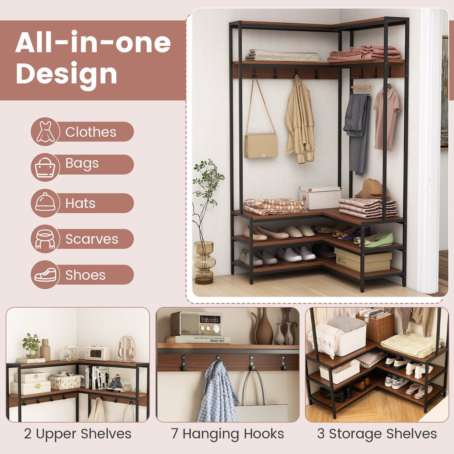 L-shaped Clothes Corner Garment Rack with Open Shelves and 7 Hooks-Walnut