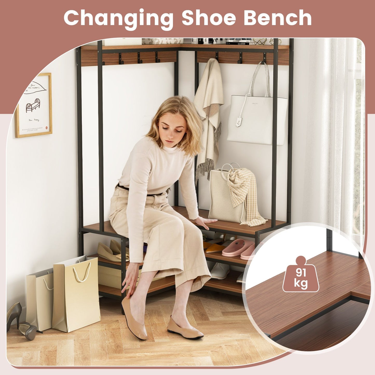 L-shaped Clothes Corner Garment Rack with Open Shelves and 7 Hooks-Walnut