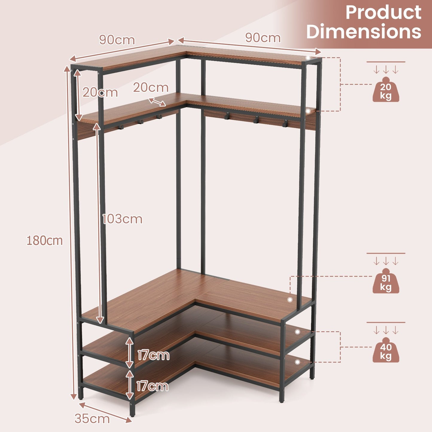 L-shaped Clothes Corner Garment Rack with Open Shelves and 7 Hooks-Walnut