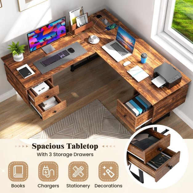 L-shaped Computer Desk with Power Outlets 3 Storage Drawers-Rustic Brown