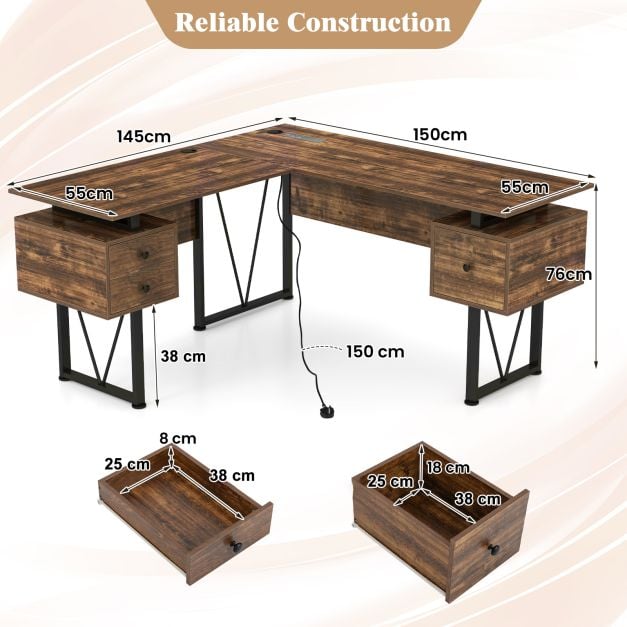 L-shaped Computer Desk with Power Outlets 3 Storage Drawers-Rustic Brown