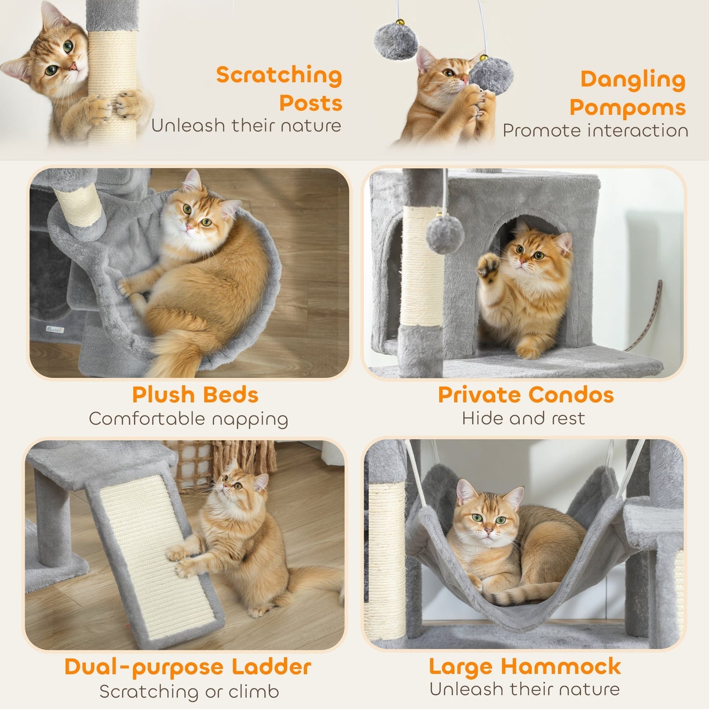 PawHut Cat Tree, 192 cm Large Multi-Level Cat Tower for Indoor Kittens with 8 Scratching Posts, 3 Plush Beds, 2 Hammocks