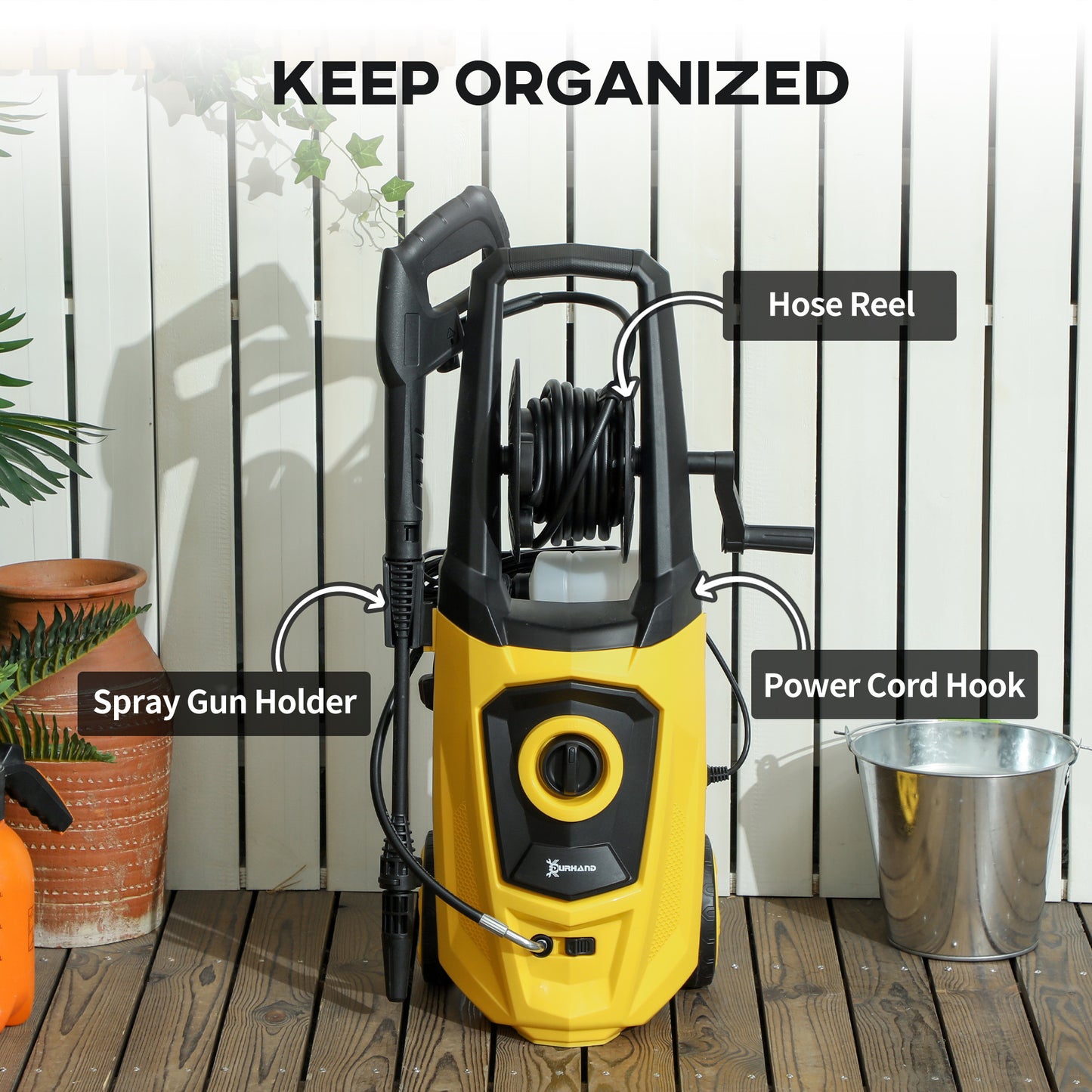 DURHAND 1800W High Pressure Washer, 150 Bar Pressure, 510 L/h Flow, High-Performance Portable Power Washer Jet Wash Cleaner with 6M Hose and Hose Reel for Garden, Car, Furniture, Yellow