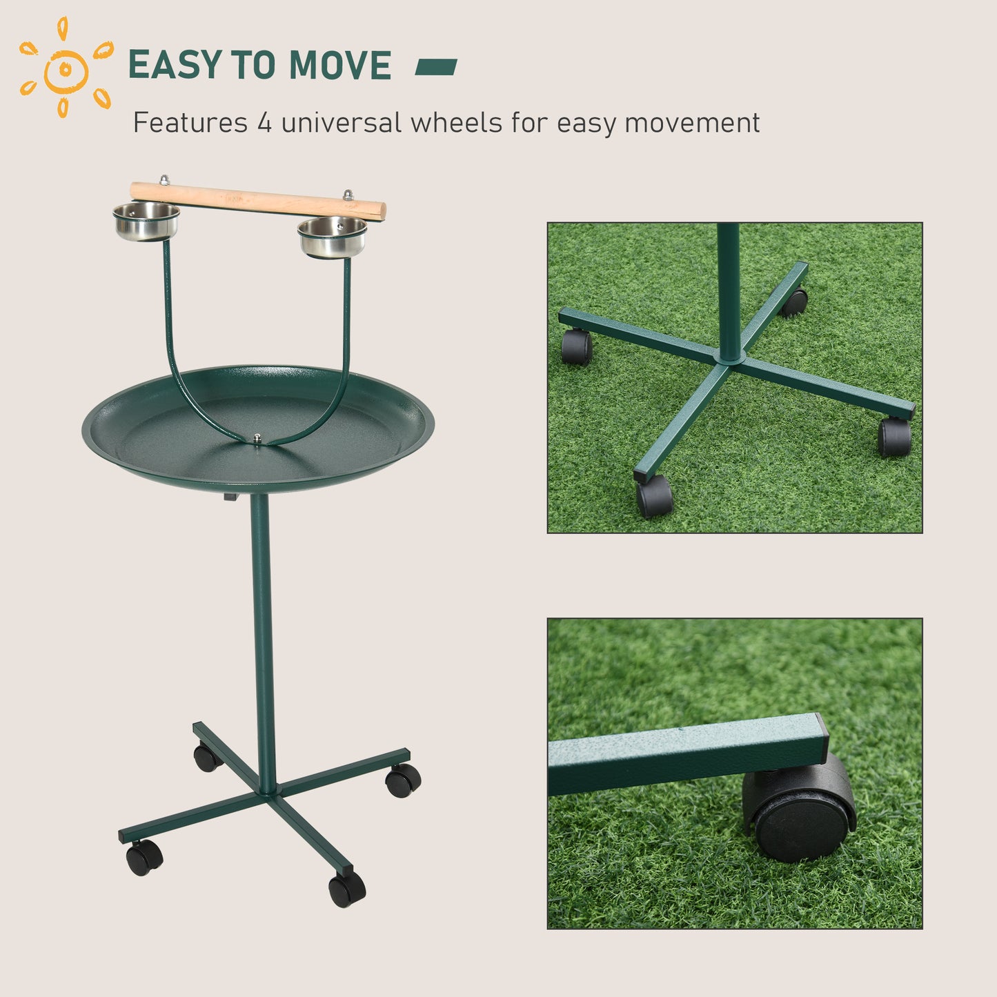 PawHut Bird Perch Stand with Four Wheels, Feeding Bowls, for Small, Medium Birds, Green