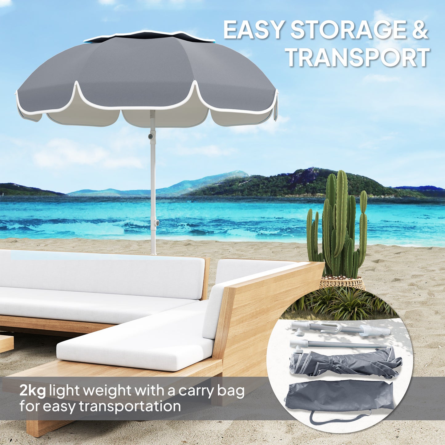 Outsunny Parasol plażowy przenośny z kotwicą piaskową, torbą transportową, regulowaną wysokością i nachyleniem, ochroną UV UPF50+, szary