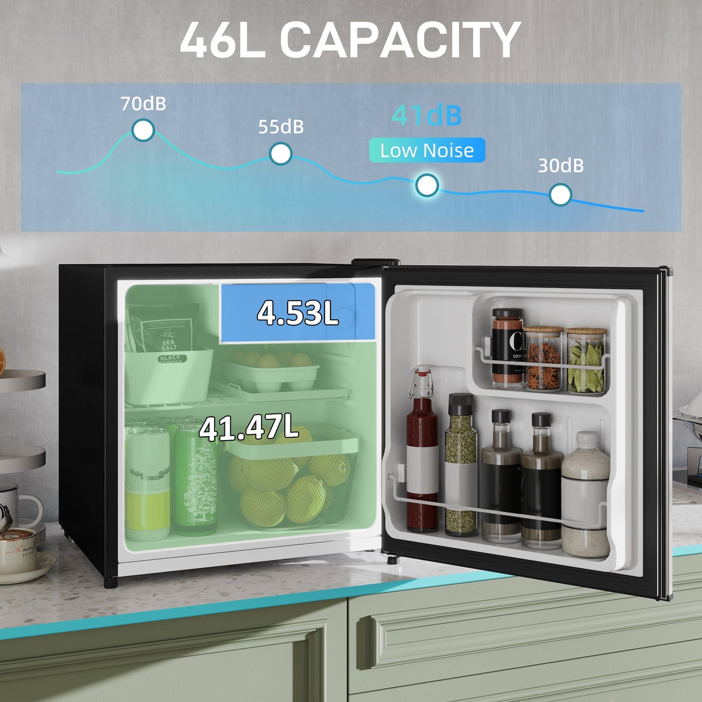 HOMCOM 46-litrowa mini lodówka stołowa, mała lodówka z pojemnikiem na lód, odwracalne drzwi, regulowana temperatura i nóżki do sypialni, domowego biura, srebrny odcień