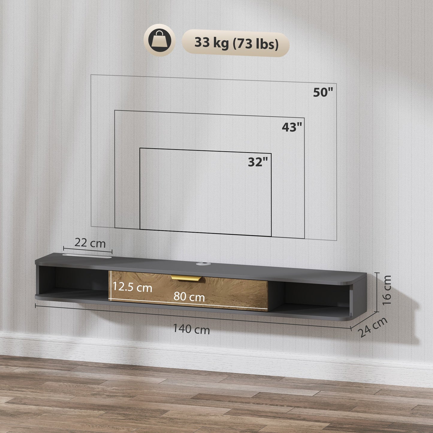 HOMCOM 140 cm Wiszący Stojak Pod TV Z Przechowalką - Antracytowy