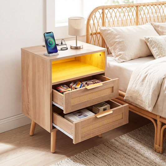 LED Lights Rattan Bedside Table with Charging Station 2 Drawers and Open Storage-Oak