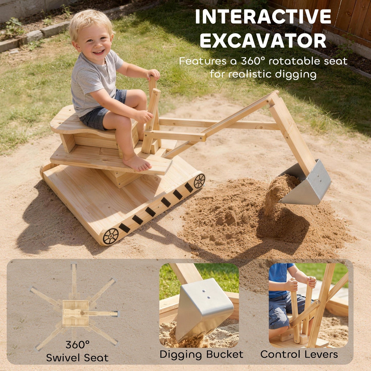 AIYAPLAY Wooden Sand Pit with Digger, Kids Sandbox Outdoor, SandPit with 360 degrees Swivel Seat and Bottom Liner