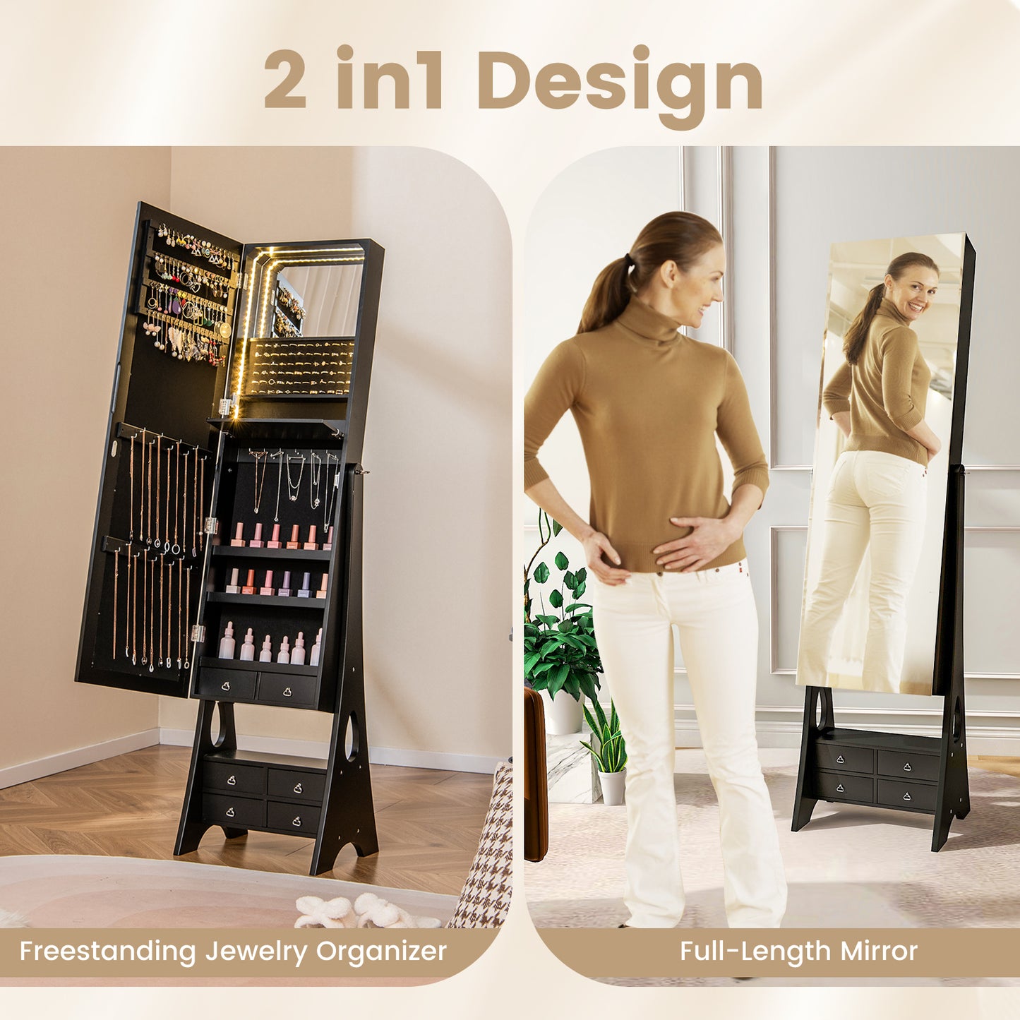 3-Color LED Lighted Jewelry Cabinet with Full-Length Mirror and Adjustable Tilt Angles-Black