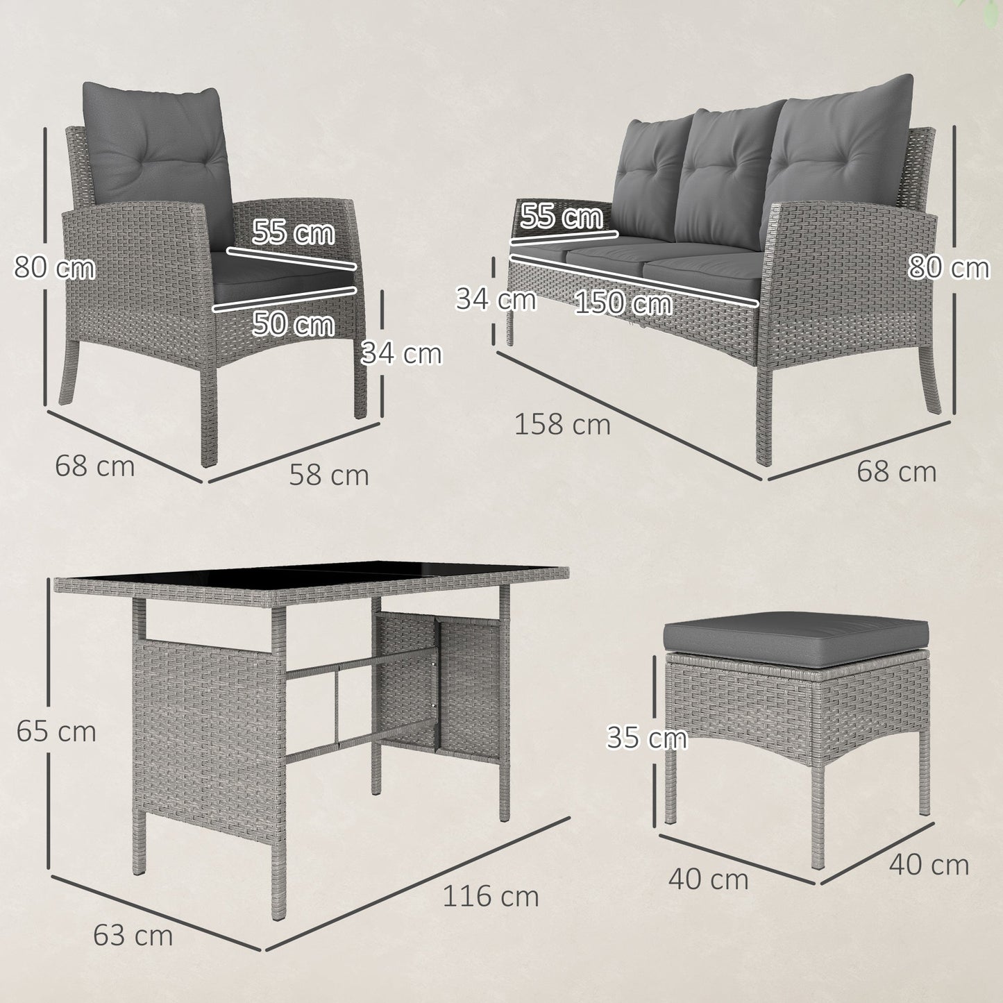 Zestaw mebli ogrodowych Outsunny 5-osobowy z rattanu, 2 fotele, 3-osobowa sofa z wikliny, 2 podnóżki i szklany stolik, 6-częściowy zestaw mebli ogrodowych z rattanu z poduszkami do ogrodu zimowego, szary