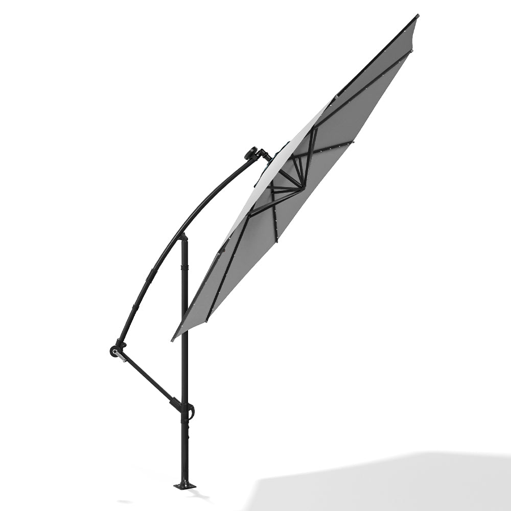 Light Grey 3m Iron Banana Umbrella Cantilever Garden Parasols with LED Lights