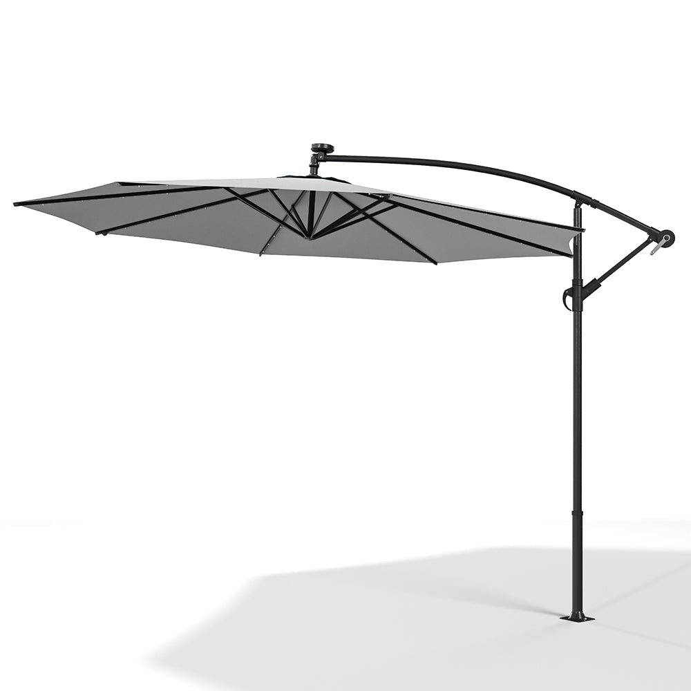 Light Grey 3m Iron Banana Umbrella Cantilever Garden Parasols with LED Lights