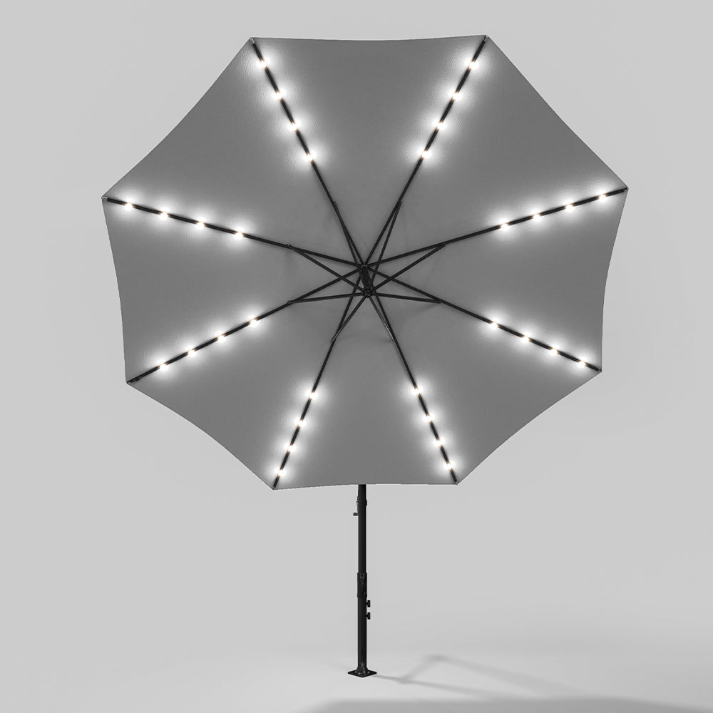 Light Grey 3m Iron Banana Umbrella Cantilever Garden Parasols with LED Lights